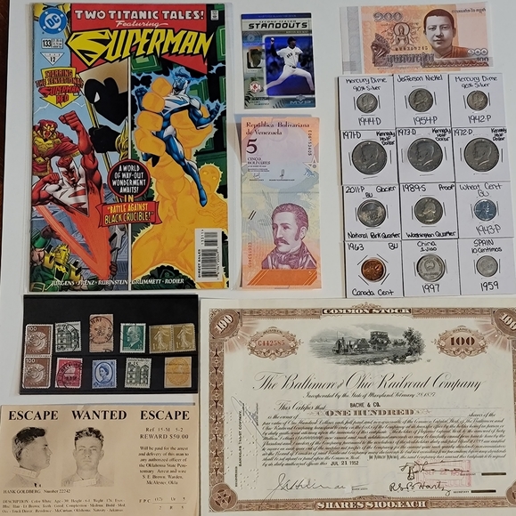 Monies Other - Junk Drawer Collectable Coins, Comic, Stock Certificate, Silver+More